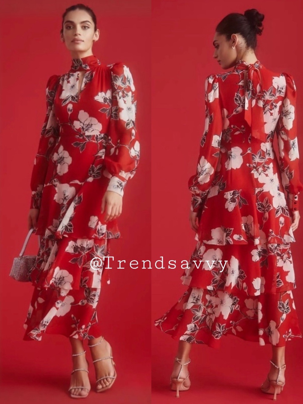 Anthropologie Exquise Red Floral Mock Neck Tiered Maxi Wedding Guest Dress M